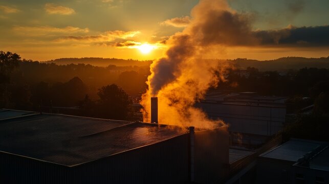 Industrial smoke rising against a vibrant sunset factory location aerial view urban environment environmental impact awareness