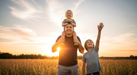 Celebrating happy father's day a loving family moment with dad and children in golden hour
