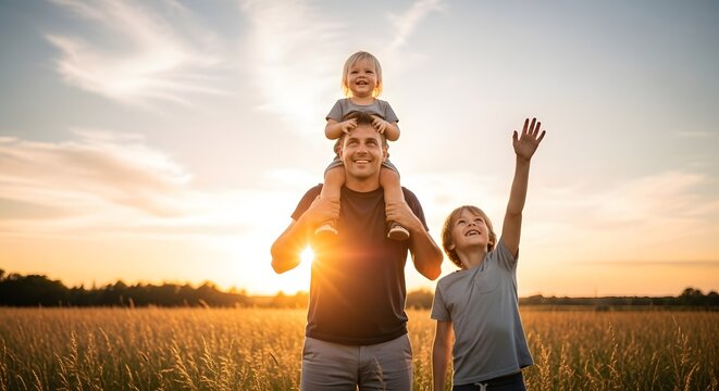 Celebrating happy father's day a loving family moment with dad and children in golden hour