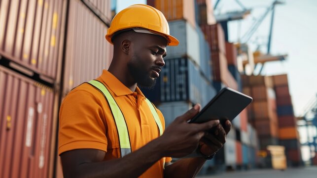 Logistics worker using tablet in shipping yard container terminal professional image urban environment focused viewpoint industry innovation