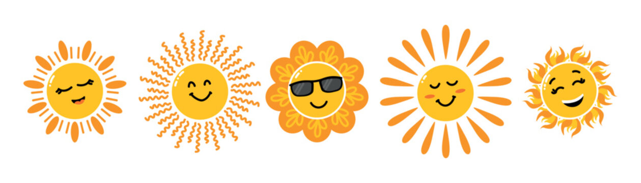 Cute sun emoji set with smiling faces sunglasses and playful expressions with decorative rays in bright yellow and orange colors isolated on light background