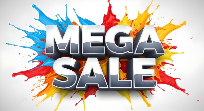 A vibrant mega sale advertisement with colorful paint splatters and bold text