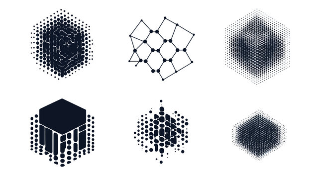 Six geometric illustrations with halftone effects and line art. Hexagons and cubes depicted in a minimal style