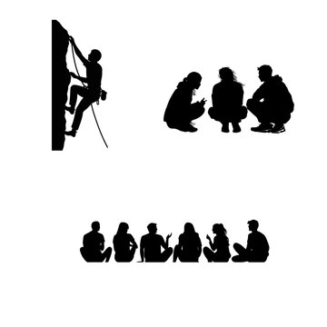 Black silhouettes of people engaged in outdoor activities, including rock climbing and a group sitting in a circle, representing teamwork and adventure.