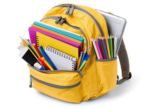 Bright yellow backpack filled with colorful school supplies and a laptop, ready for academic adventures