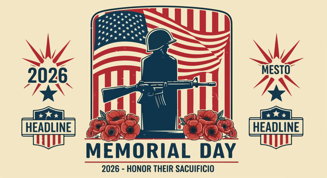 Memorial Day patriotic icon set with American flag, soldier, and red poppies honoring fallen heroes