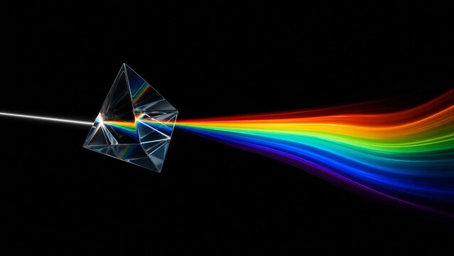 High-tech optics and science research aesthetic. A sharp white light beam dispersing into a wave of neon colors on a black background. Clean lines and minimalist style