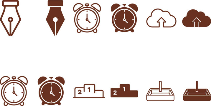Brown icons for writing, time, and organization