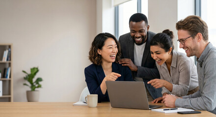 Fototapeta premium Diverse team of professionals laughing while looking at laptop screen