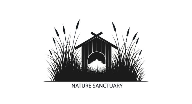 Nature sanctuary silhouette with wooden hut and tall grass