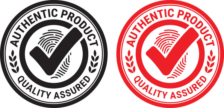 Authentic Product Seal Vector Set, Black and Red Quality Assured Badge with Fingerprint and Checkmark for Brand Protection, Security Labels, and E-commerce Trust Branding Design