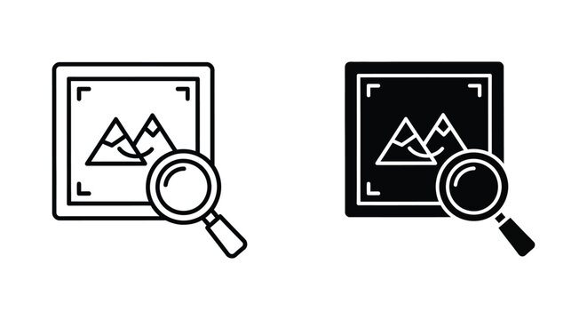 Set of visual search and image recognition icons featuring a magnifying glass over a landscape photograph for digital asset management and search engine optimization