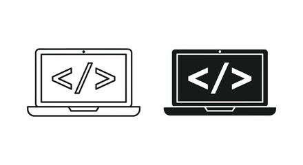 Obraz premium Professional laptop icons featuring programming code brackets on the screen, ideal for web development, software engineering, and modern digital technology interface design projects.