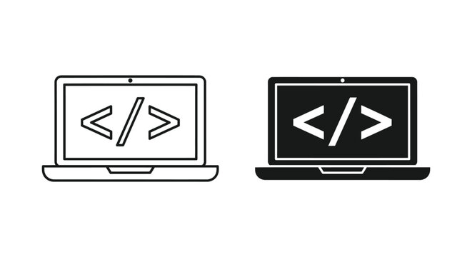 Professional laptop icons featuring programming code brackets on the screen, ideal for web development, software engineering, and modern digital technology interface design projects.
