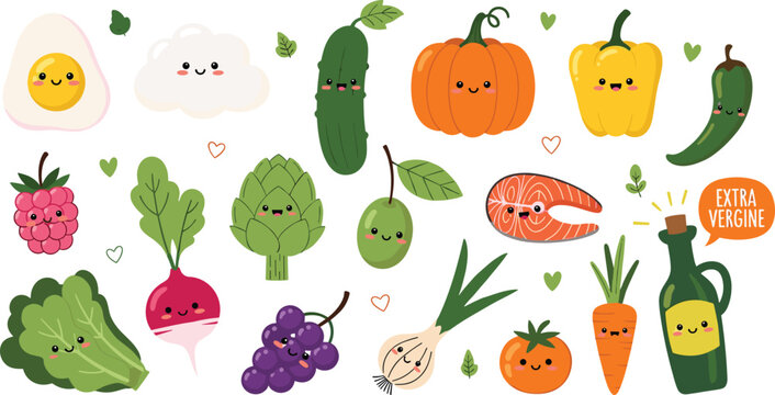 
Cute Kawaii Healthy Food and Vegetable Cartoon Characters Sticker Set with Smiling Faces on White Background