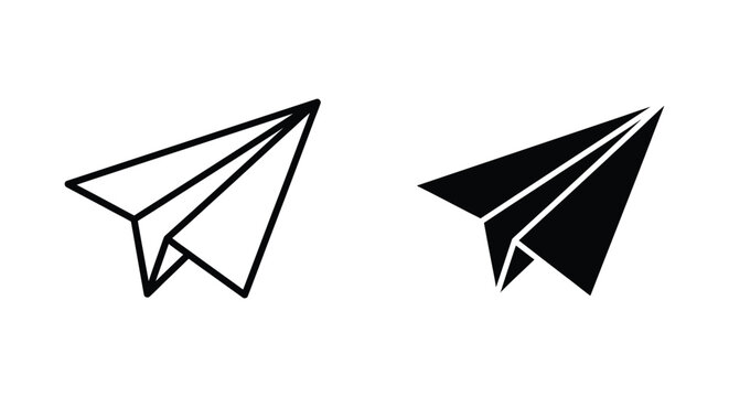 Minimalist paper plane icons in outline and solid black styles, symbolizing message delivery, creative startup growth, and business communication on a clean white background.