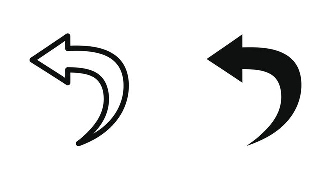 Minimalist Black Undo and Return Curved Arrow Icons in Outline and Solid Styles for Digital Interface and App Navigation