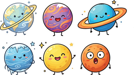 Cute cartoon planets set smiling solar system characters including Earth Saturn Mars and Jupiter vector illustration © Jahangir