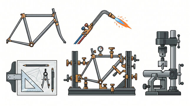 Illustration of metalworking and mechanical engineering processes with various tools and equipment