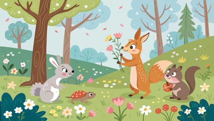 Obraz premium Cartoon forest scene with rabbit, squirrel, hedgehog, and flowers in a field