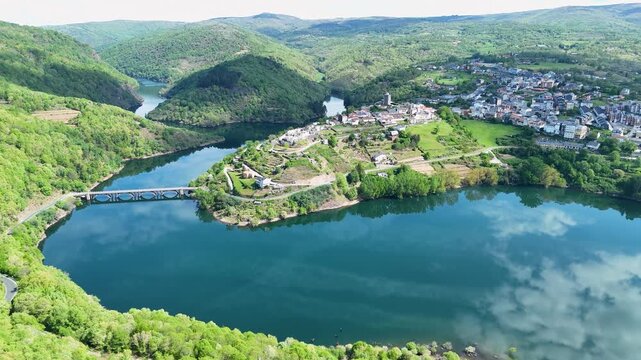 Scenic aerial view of viana do bolo village and lake in galicia