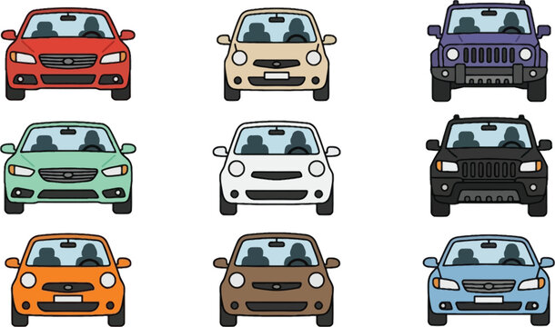 Car front view set various vehicles compact cars and SUV lineup cartoon vector illustration collection