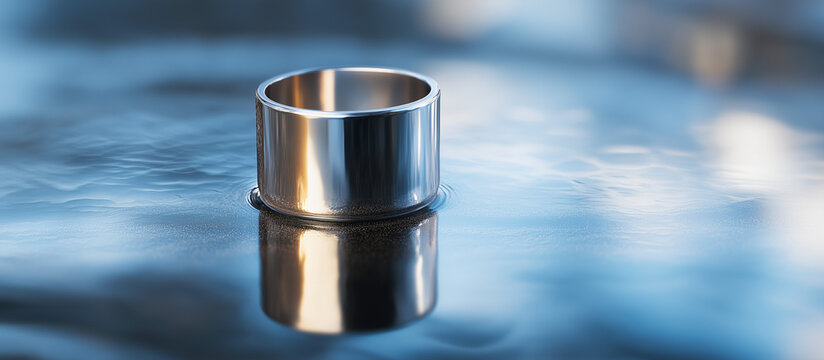 electroplating. Polished metal component partially submerged in electroplating solution, silver reflection. safety posters.