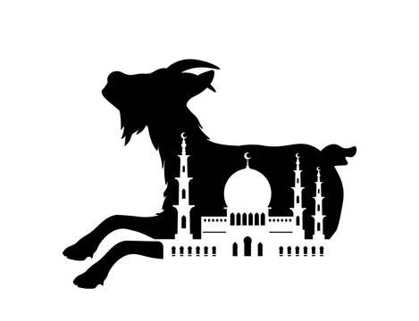 Eid Al-Adha Sacrifice Goat Silhouette with Elegant Mosque Skyline for Islamic Festivals