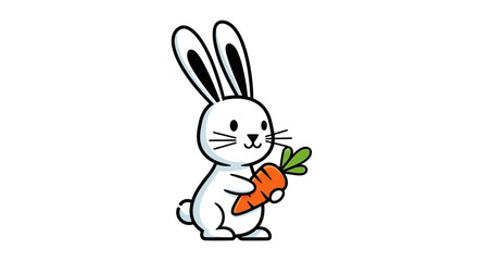 Fototapeta premium Cute cartoon bunny rabbit holding a fresh orange carrot in its paws, isolated on a white background
