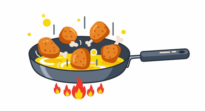 Fried chicken legs sizzling in a pan with yellow oil and flames underneath