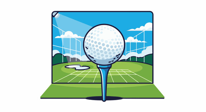 Golf ball on tee superimposed on a digital golf course on a screen
