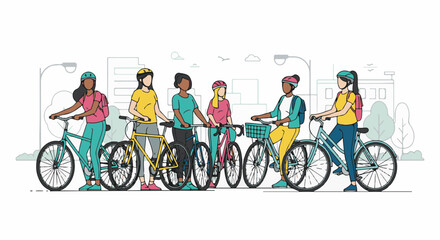 Fototapeta premium Group of diverse women with bicycles in a city setting, urban cycling
