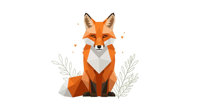 Geometric Style Fox Illustration with Decorative Foliage Accents