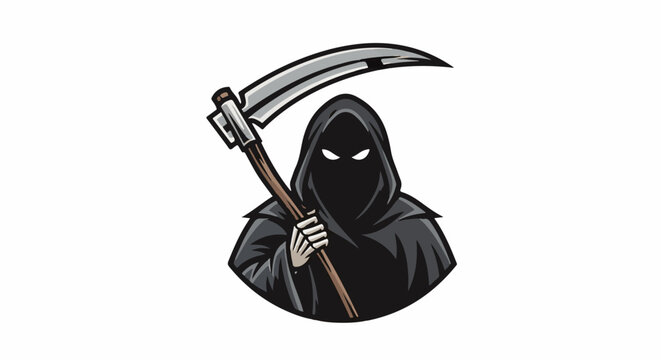 Grim reaper figure in black cloak with glowing white eyes and scythe