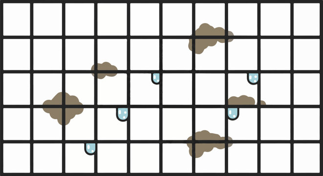 Gridded cells with brown blobs and blue water droplets