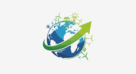 Obraz premium Green arrow encircles globe with renewable energy icons
