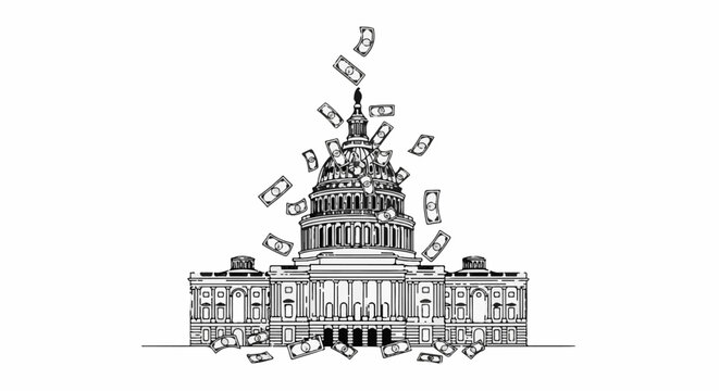 Government building with currency raining down on its dome