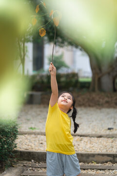 Playful child reaching for fruit in a vibrant garden, expressing joy and curiosity under a sunny sky, surrounded by lush greenery and natural beauty.