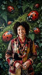 Fototapeta premium Smiling African American Woman In Eclectic Boho Patchwork Jacket And Chunky Red Bead Necklace Standing Against Surreal Giant Ladybug Forest Backdrop