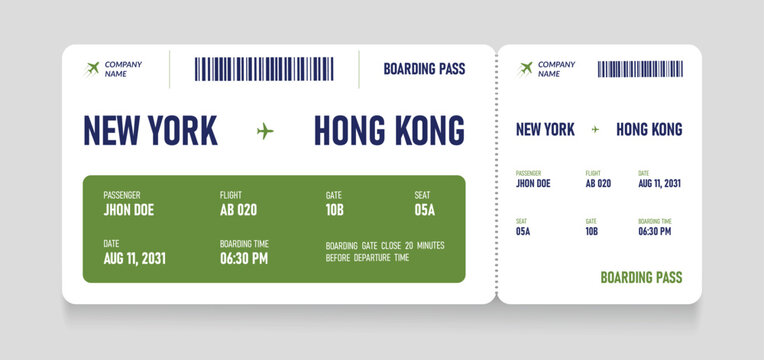 Air plane ticket template. Realistic airline ticket design with passenger name. Plane ticket vector template or airline boarding pass ticket isolated. Airline flight pass concept.