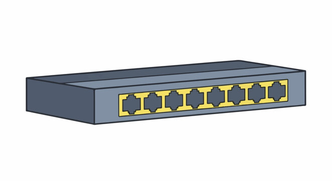 Gray box with eight yellow network ports along the front