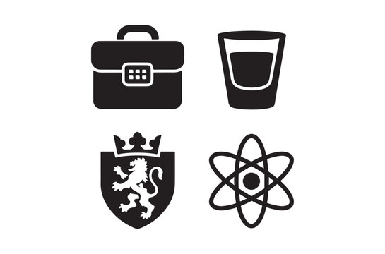 Black silhouettes depicting a briefcase drink crest and atomic model