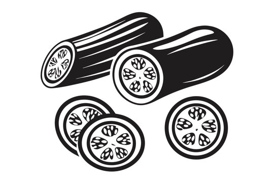 Hand Drawn Sliced Courgette Vector Illustration in Black Ink Monochrome Style