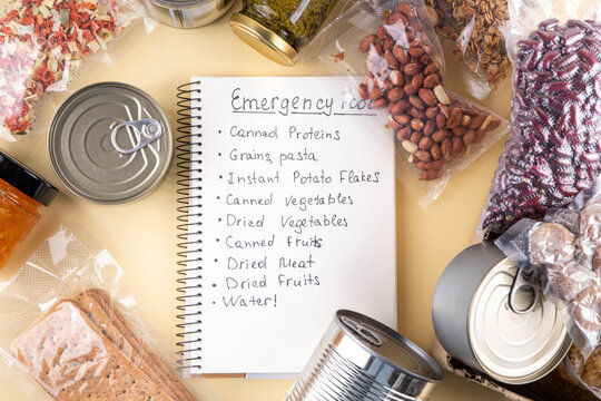 Emergency food kit. Non-perishable instant food, homemade Survival food set