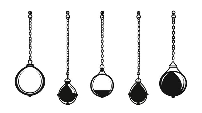 Stylized, monochrome illustration of five swinging wrecking balls attached to chains