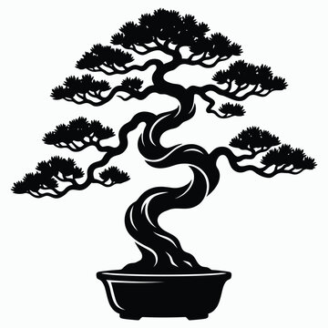 Bonsai tree in ceramic pot japanese garden vector silhouette