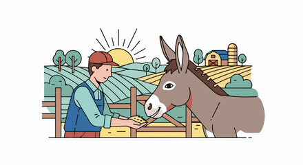 Obraz premium Farmer feeding a donkey in a rural farm setting at sunrise