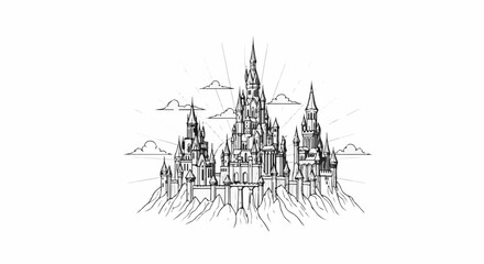 Fototapeta premium Fantasy castle with spires and pointed roofs atop rocky terrain