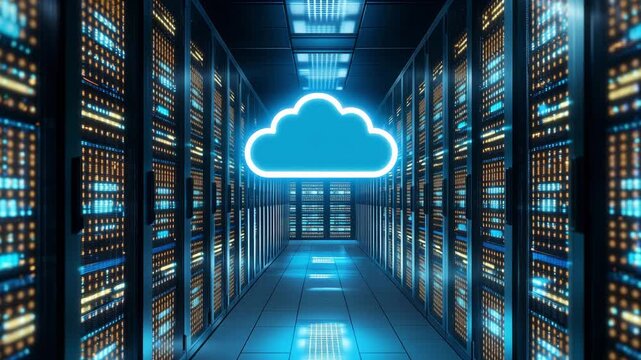 The video shows a modern data center with rows of servers organized under a cloud symbol, highlighting technology infrastructure