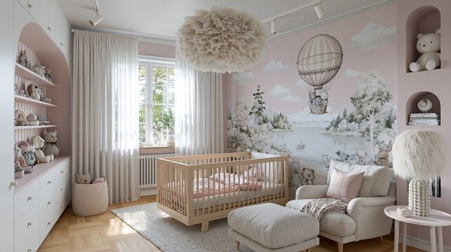 Charming nursery room with a crib, armchair, and whimsical wallpaper featuring a hot air balloon and teddy bear.